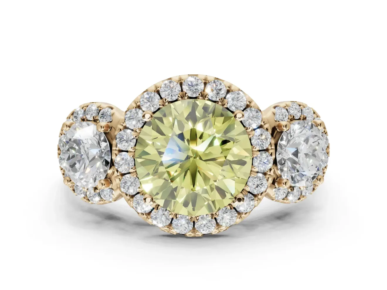 Round Three Stone Halo Engagement Ring Setting for a Fancy Yellow Lab-Grown Diamond | Yellow Gold