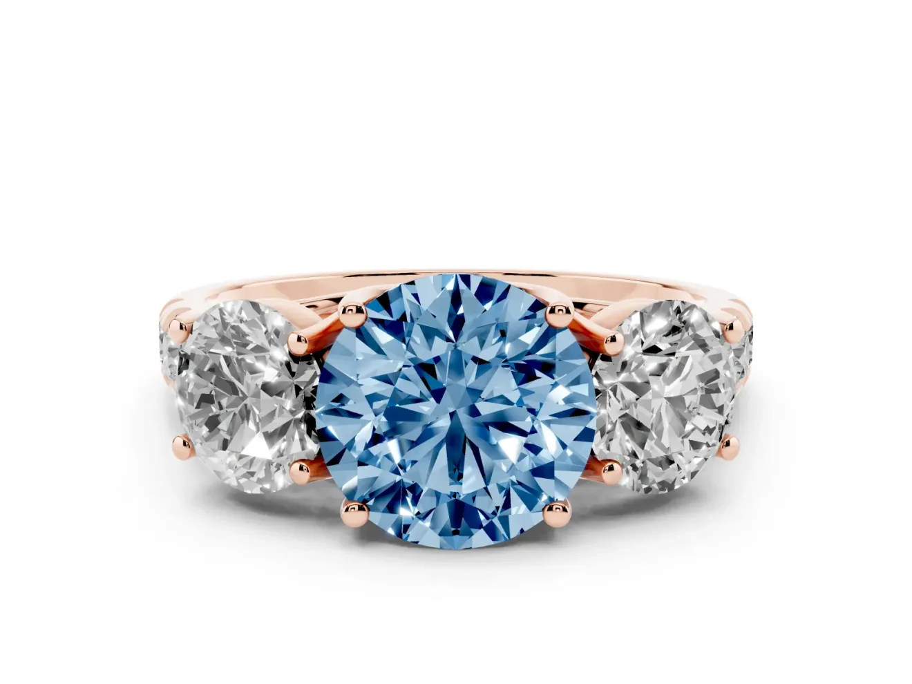 Round Three Stone Engagement Ring Setting for a Fancy Blue Lab-Grown Diamond | Accented Shoulders | Rose Gold