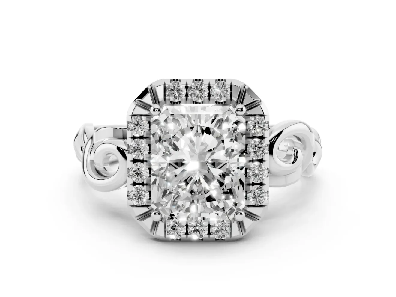 Radiant Cut Diamond Halo Ring Set in Platinum with Scrollwork Band and Prong Setting