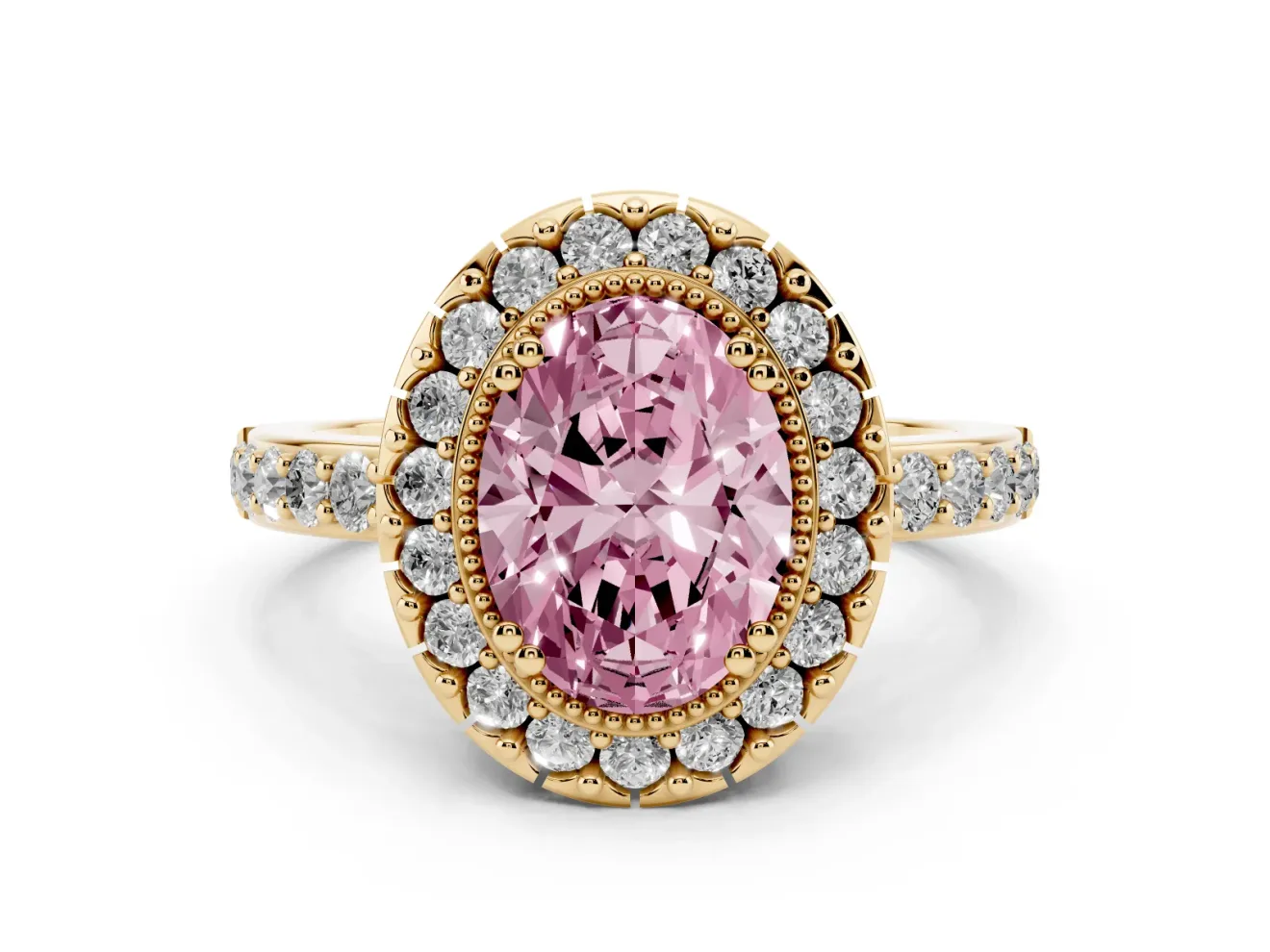 Fancy Pink Oval Cut Diamond Halo Ring Set in Yellow gold with Pavé Shank and Prong Setting