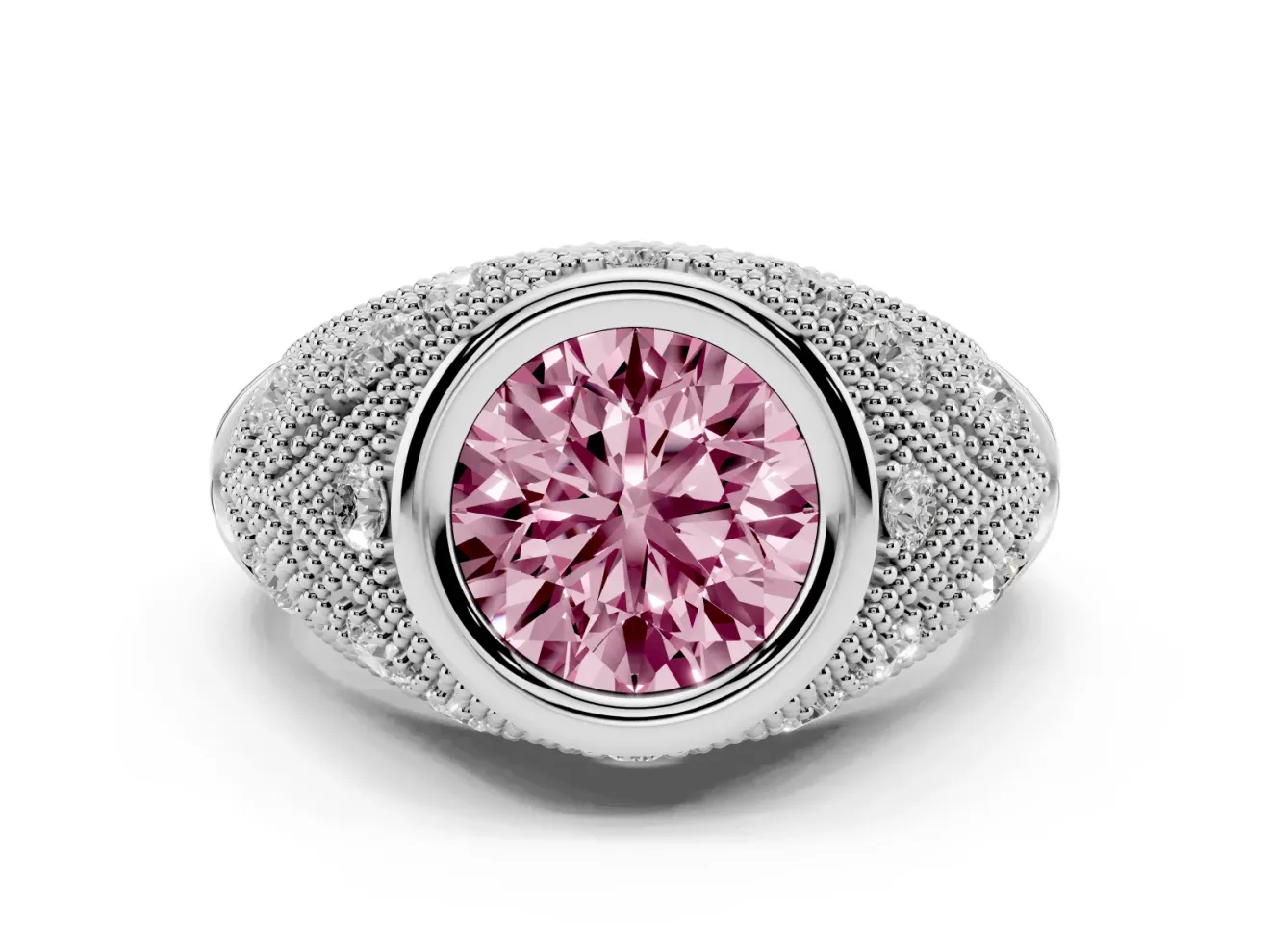 Fancy Pink Round Cut Diamond Bezel Ring Set in Platinum with Milgrain Accent Band