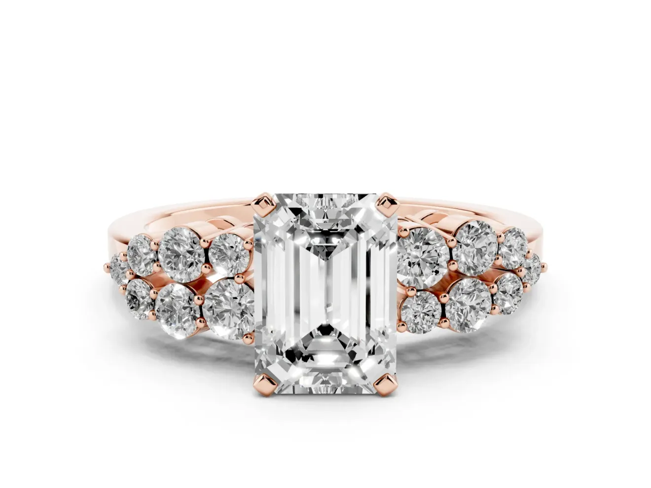 Emerald Cut Side Stone Engagement Ring Setting | Two-Row Shoulder Clusters | Rose Gold