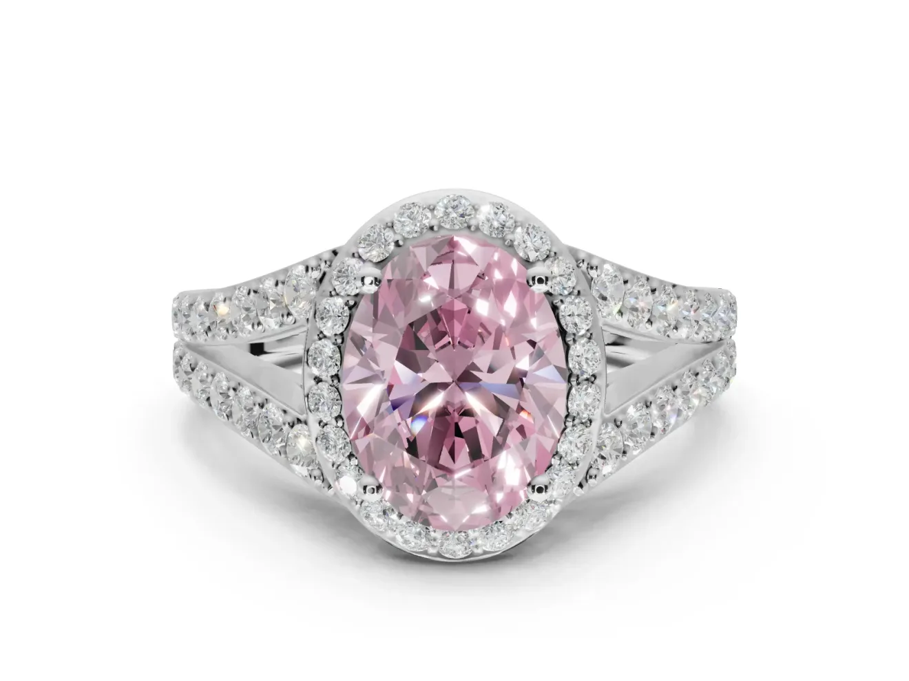 Oval Halo Pavé Engagement Ring Setting for a Fancy Pink Lab-Grown Diamond | Narrow Split Shank | Platinum