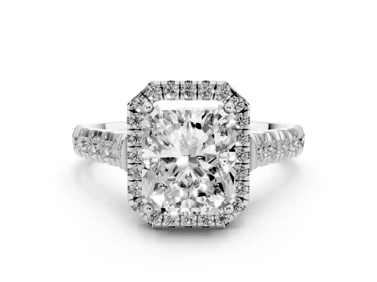 Radiant Cut Halo Engagement Ring Setting | Shared Prong Shoulders | Platinum