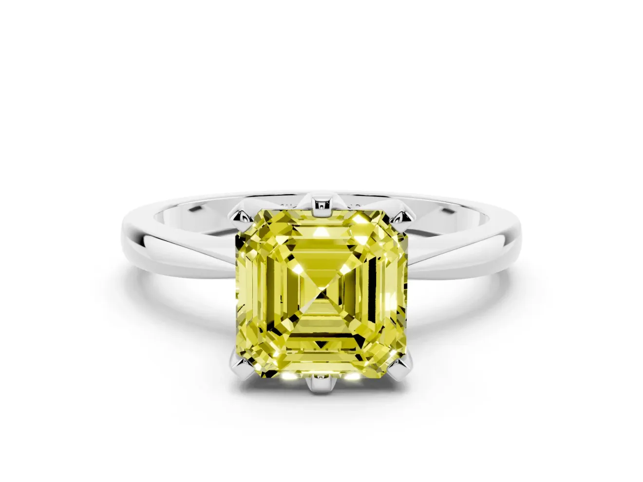 Fancy Yellow Asscher Cut Diamond Solitaire Engagement Ring Set in White gold with Slim Tapered Solitaire Band