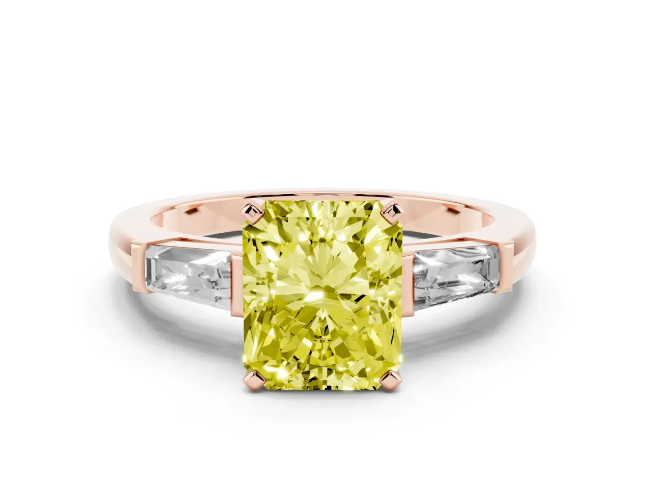 Fancy Yellow Radiant Cut Diamond Solitaire Ring Set in Rose gold with Tapered Baguette Side Stones and Prong Setting