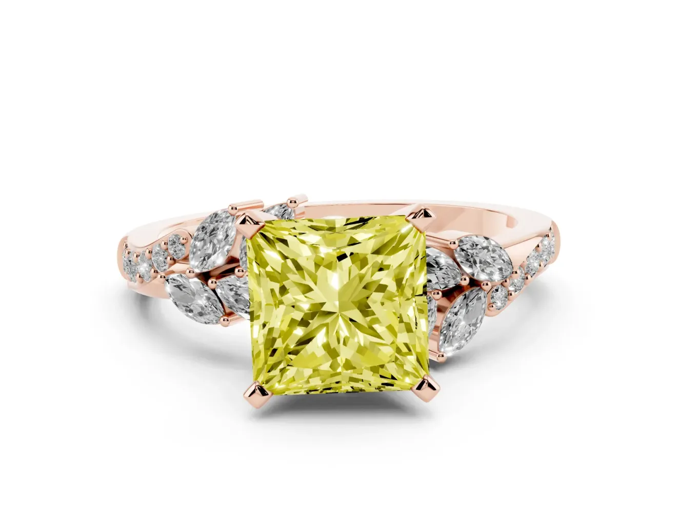 Princess Cut Floral Engagement Ring Setting for a Fancy Yellow Lab-Grown Diamond | Marquise Side Stones | Rose Gold
