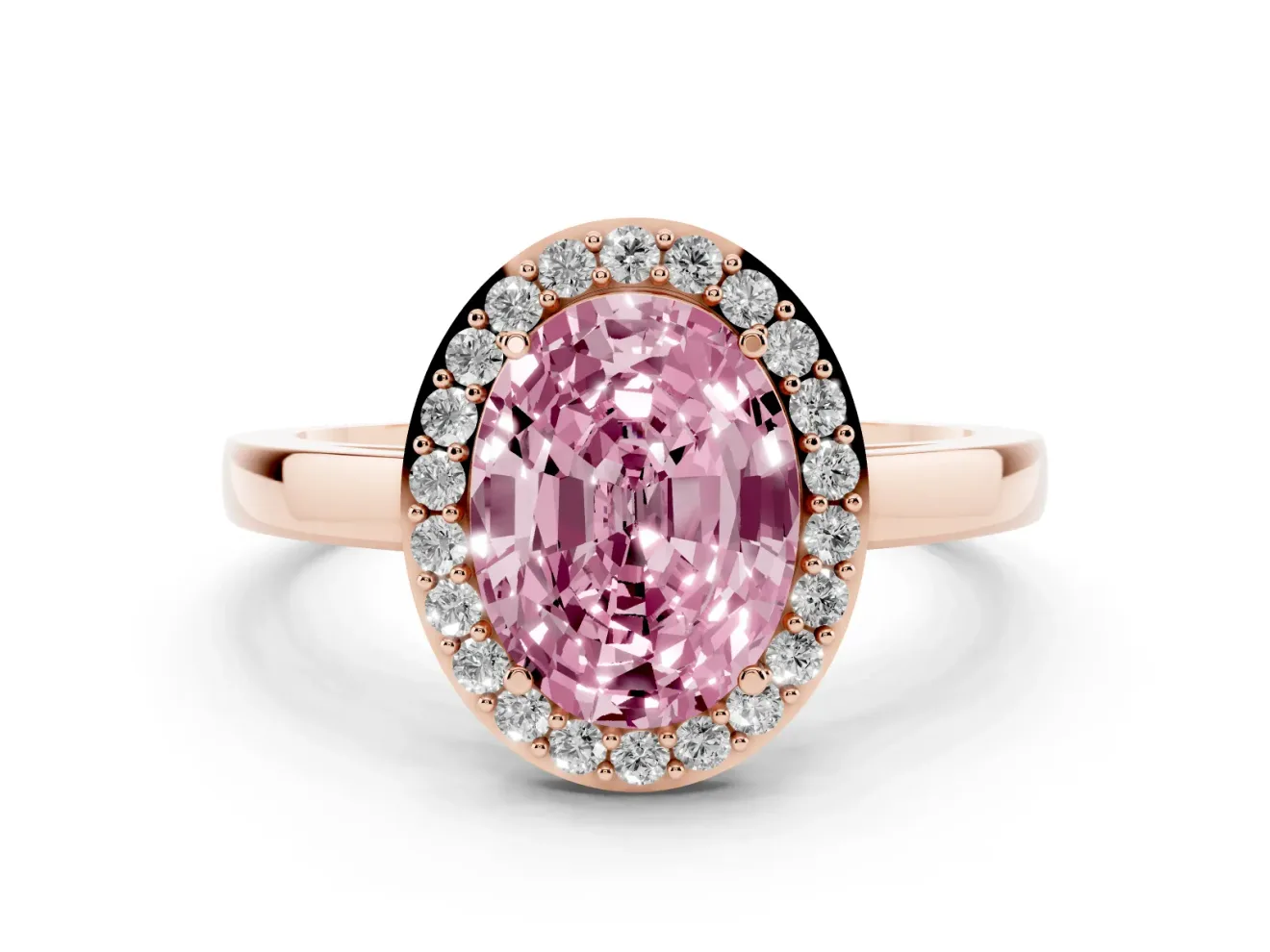 Fancy Pink Oval Cut Diamond Halo Ring Set in Rose gold with Solitaire Band and Prong Setting