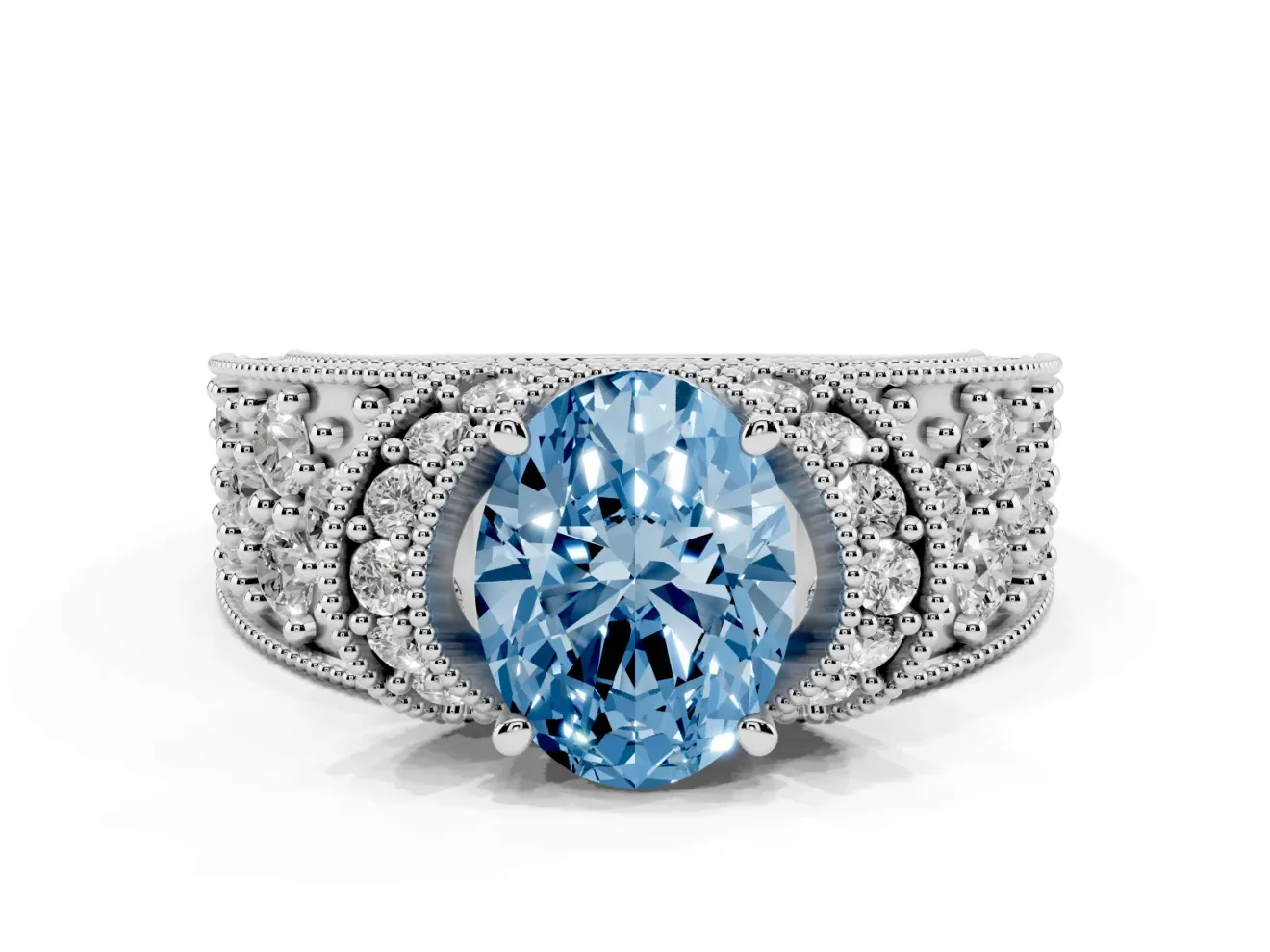 Oval Vintage Milgrain Pave Engagement Ring Setting for a Fancy Blue Lab-Grown Diamond | Crescent Side Rows | Platinum