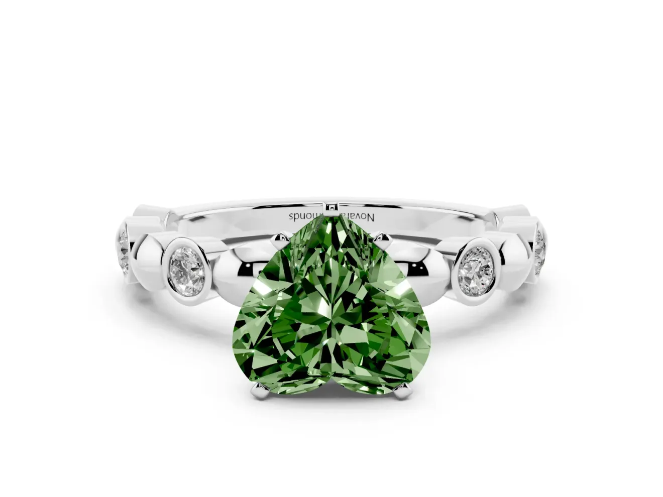 Fancy Green Heart Cut Diamond Solitaire Ring Set in White gold with Bezel-Set Accents on Beaded Band and Prong Setting