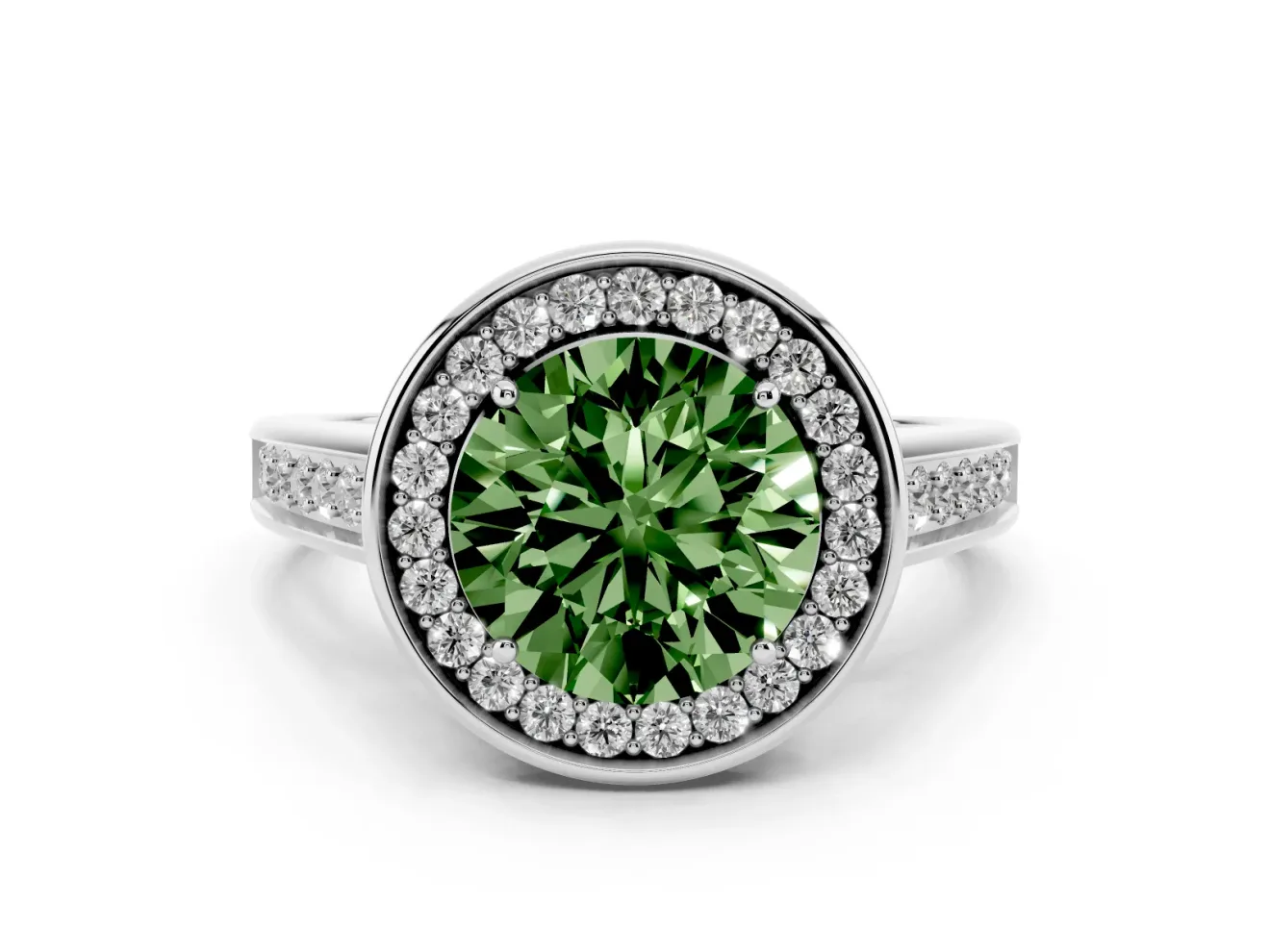 Round Rimmed Halo Engagement Ring Setting for a Fancy Green Lab-Grown Diamond | White Gold