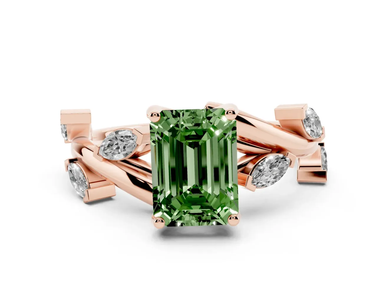 Fancy Green Emerald Cut Diamond Solitaire Ring Set in Rose gold with Twisted Marquise Accent Band
