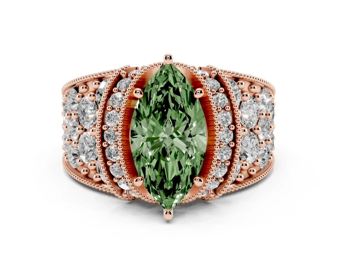 Marquise Vintage Pave Engagement Ring Setting for a Fancy Green Lab-Grown Diamond | Milgrain Edges | Rose Gold