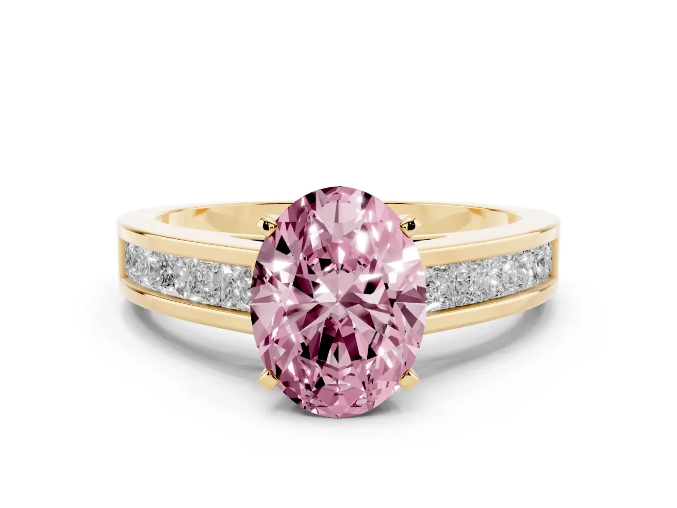 Fancy Pink Oval Cut Diamond Solitaire Ring Set in Yellow gold with Channel-Set Band and Prong Setting