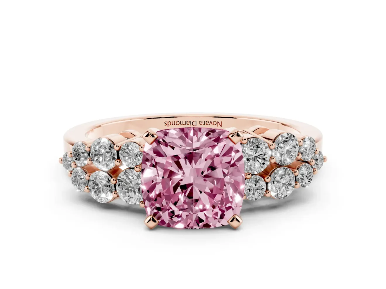 Cushion Cut Side Stone Engagement Ring Setting for a Fancy Pink Lab-Grown Diamond | Shoulder Clusters | Rose Gold