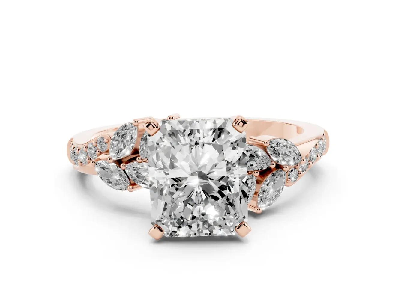 Radiant Cut Floral Engagement Ring Setting | Marquise Side Stones | Rose Gold