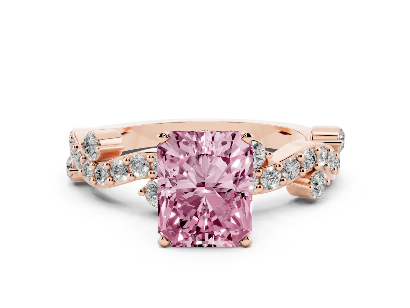 Fancy Pink Radiant Cut Diamond Solitaire Twisted Band Set in Rose gold with Pavé Setting