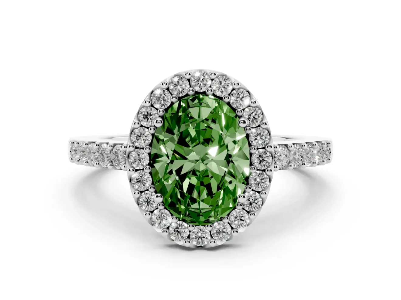 Fancy Green Oval Cut Diamond Halo Pavé Solitaire Ring Set in Platinum with Prong-Set Center Stone