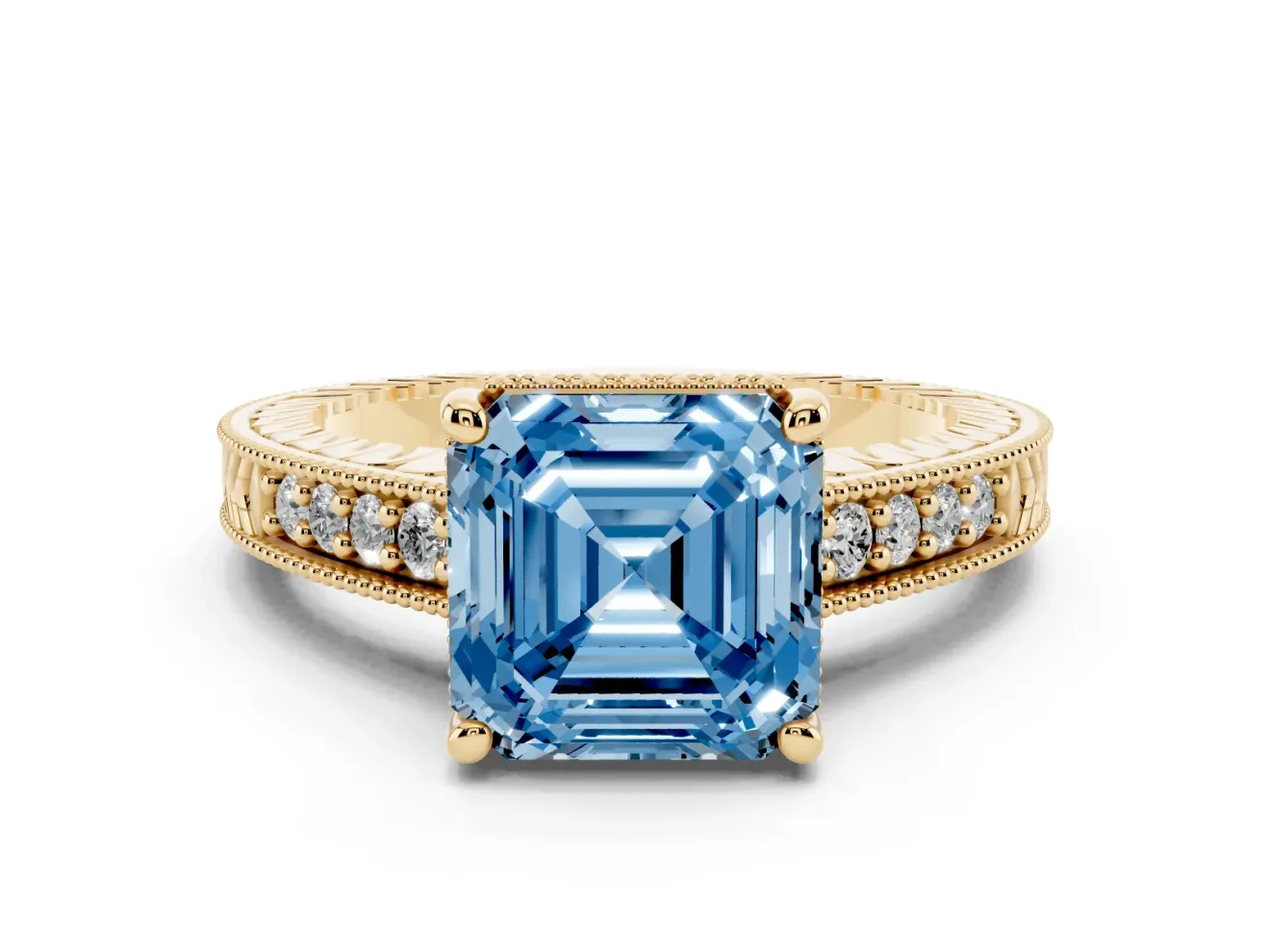 Asscher Cut Engraved Engagement Ring Setting for a Fancy Blue Lab-Grown Diamond | Yellow Gold