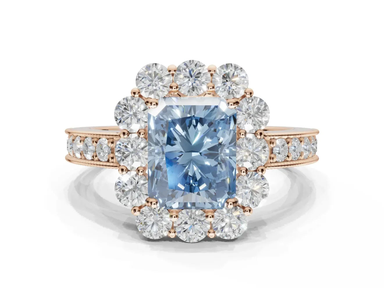 Radiant Cut Vintage Halo Engagement Ring Setting for a Fancy Blue Lab-Grown Diamond | Milgrain Channel Band | Rose Gold