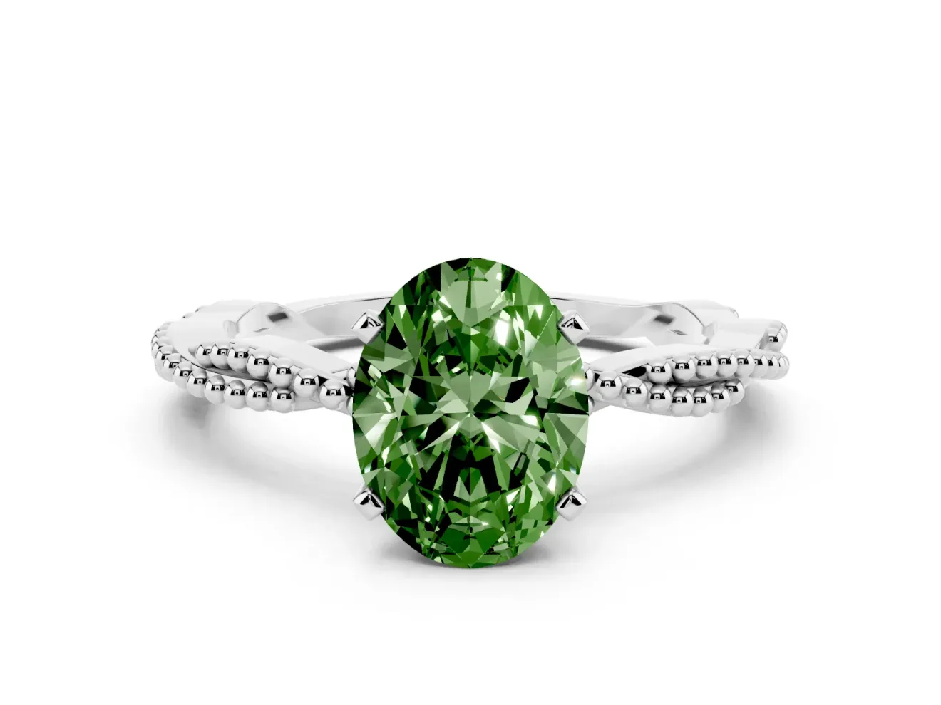 Fancy Green Oval Cut Diamond Solitaire Ring Set in Silver with Twisted Band and Bead Prong Setting