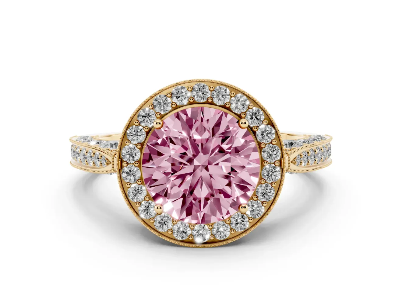 Round Milgrain Halo Engagement Ring Setting for a Fancy Pink Lab-Grown Diamond | Side Stones | Yellow Gold