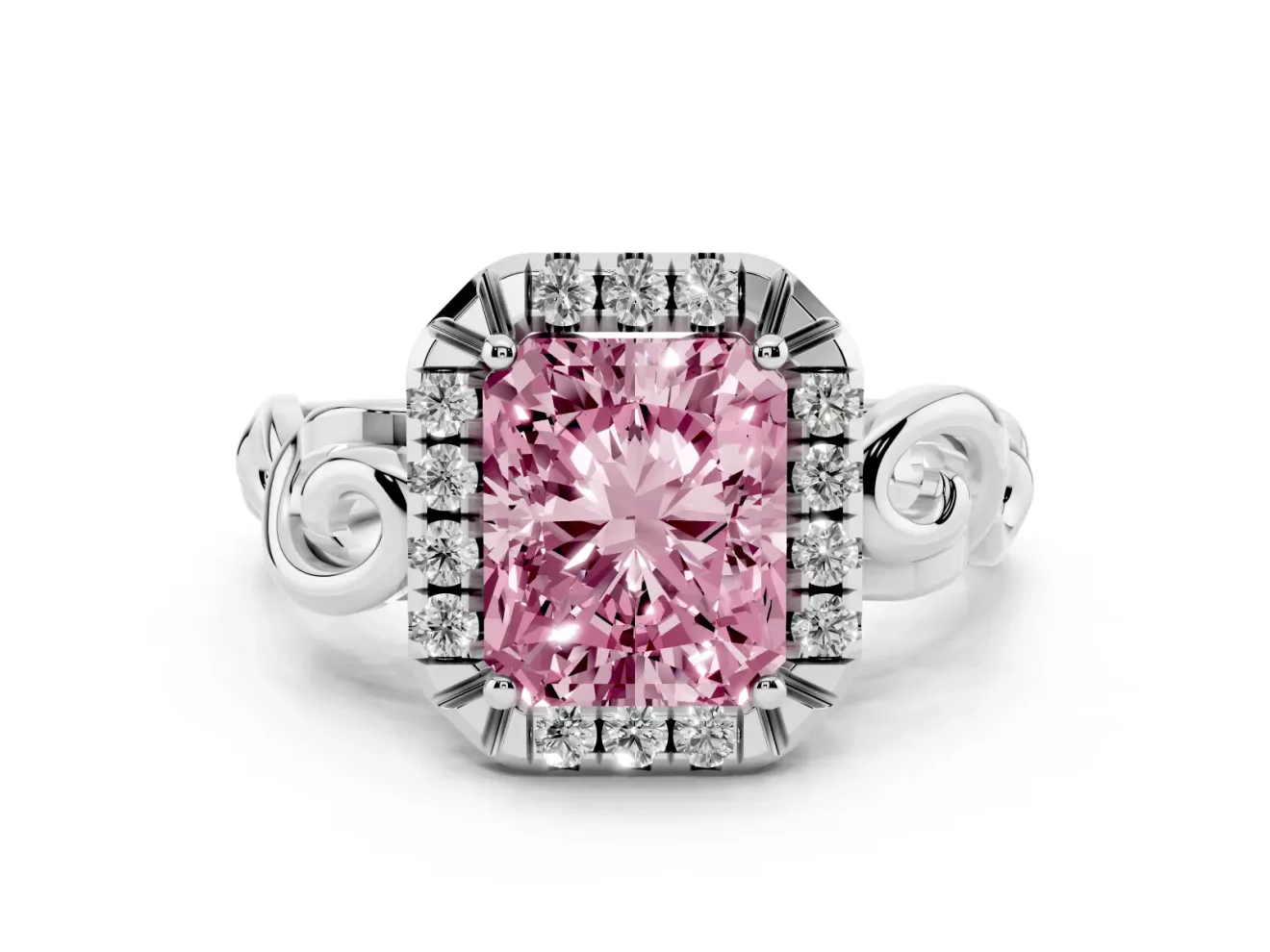 Radiant Cut Filigree Halo Engagement Ring Setting for a Fancy Pink Lab-Grown Diamond | Platinum