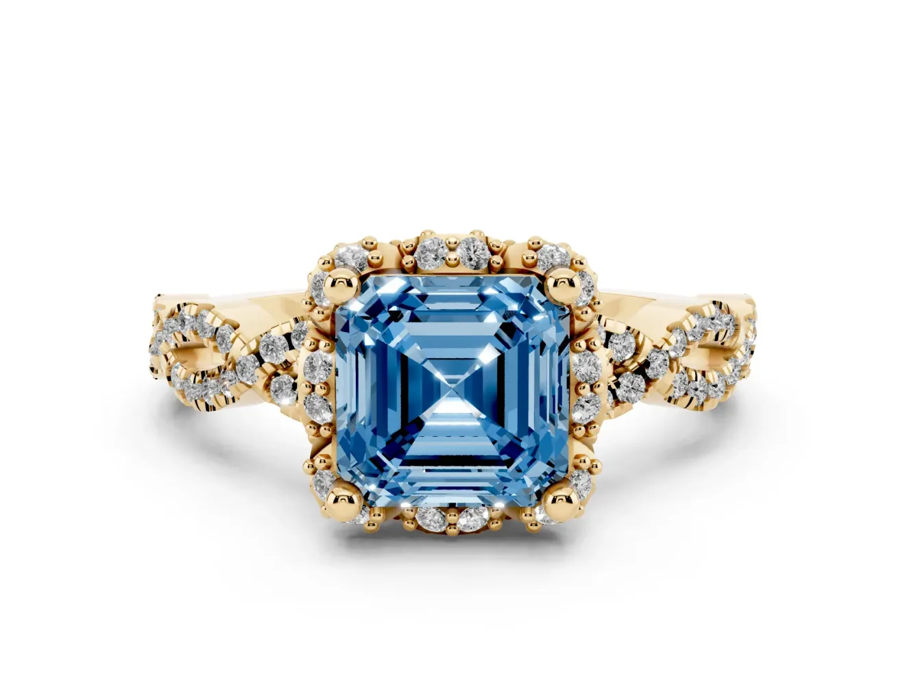 Asscher Cut Milgrain Halo Engagement Ring Setting for a Fancy Blue Lab-Grown Diamond | Graduated Shoulders | Yellow Gold