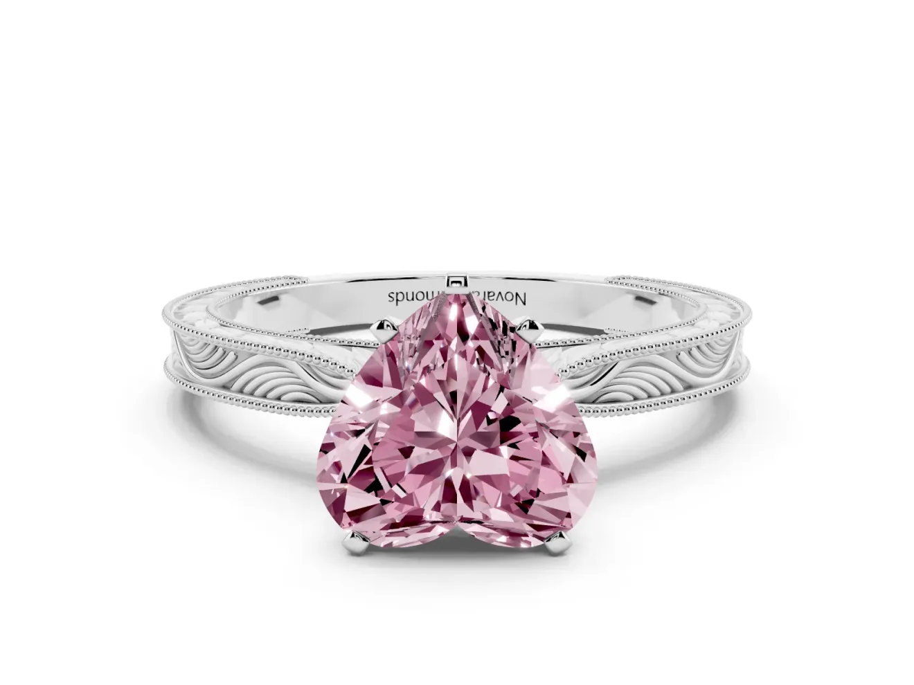Fancy Pink Heart Cut Diamond Solitaire Milgrain Engraved Band Set in White gold with Prong Setting