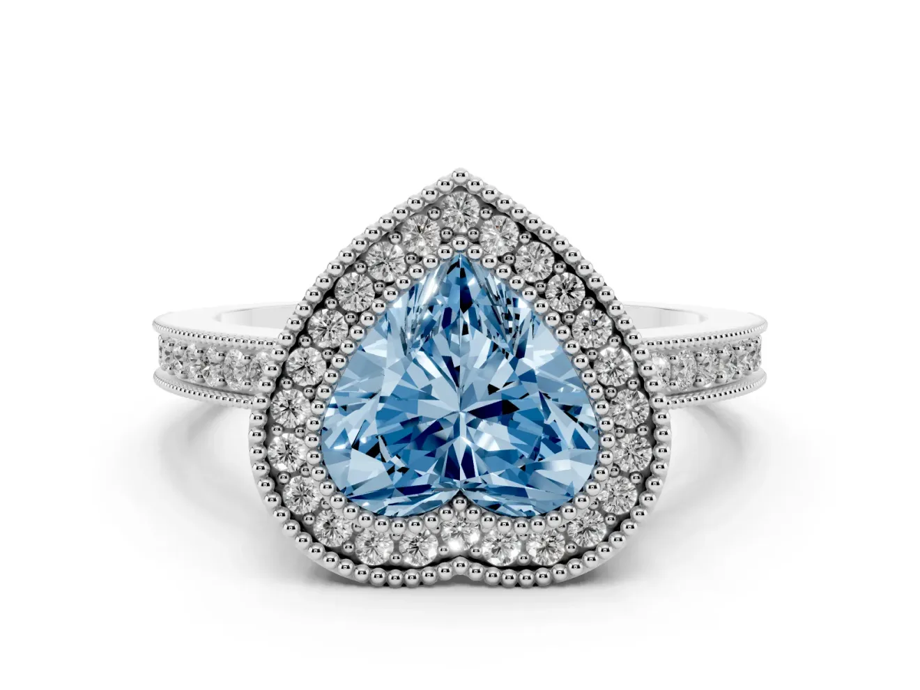 Heart-Shaped Double Milgrain Halo Engagement Ring Setting for a Fancy Blue Lab-Grown Diamond | Pave Band | Platinum