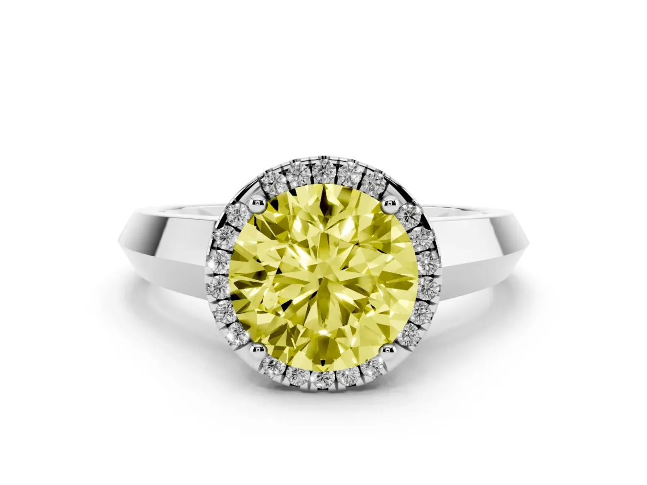 Fancy Yellow Round Cut Diamond Halo Ring Set in White gold with Cathedral Band and Prong Setting