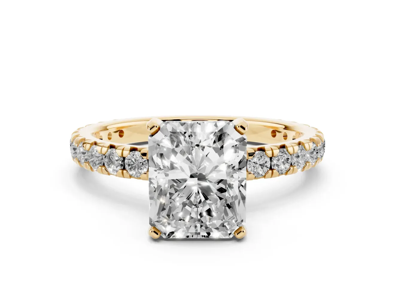 Radiant Cut Diamond Pavé Solitaire Ring Set in Yellow gold with Round Band and Prong Setting