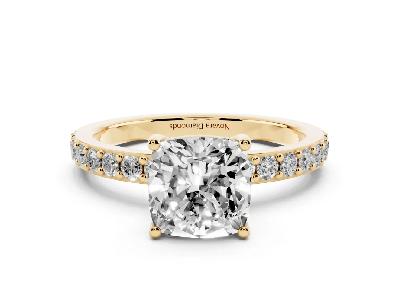 Cushion Cut Diamond Solitaire Set in Yellow gold with Round Pavé Band and Prong Setting