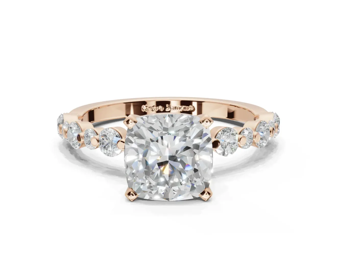 Cushion Cut Pavé Solitaire Engagement Ring Setting | Alternating Accents | Rose Gold
