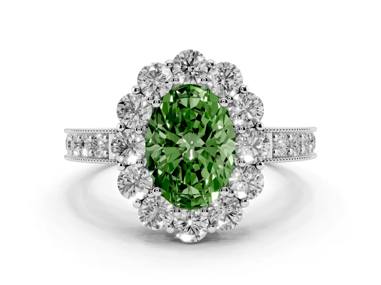 Oval Vintage Halo Engagement Ring Setting for a Fancy Green Lab-Grown Diamond | Platinum