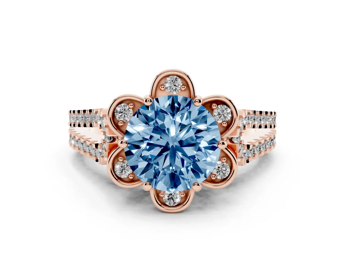 Round Petal Frame Floral Halo Engagement Ring Setting for a Fancy Blue Lab-Grown Diamond | Pavé Split Shank | Rose Gold