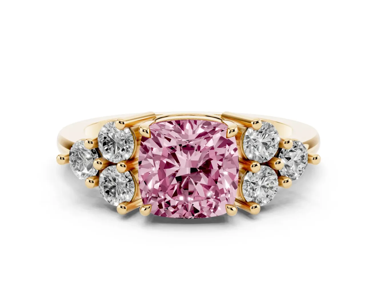 Cushion Cut Cluster Side Stone Engagement Ring Setting for a Fancy Pink Lab-Grown Diamond | Plain Band | Yellow Gold