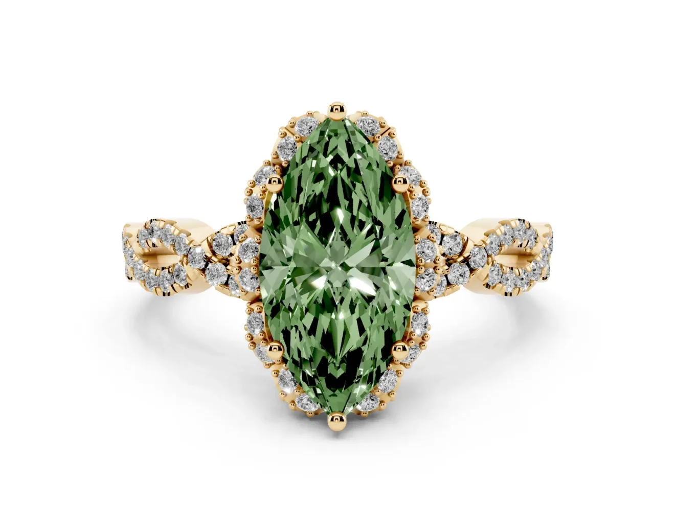 Marquise Milgrain Halo Engagement Ring Setting for a Fancy Green Lab-Grown Diamond | Graduated Shoulders | Yellow Gold