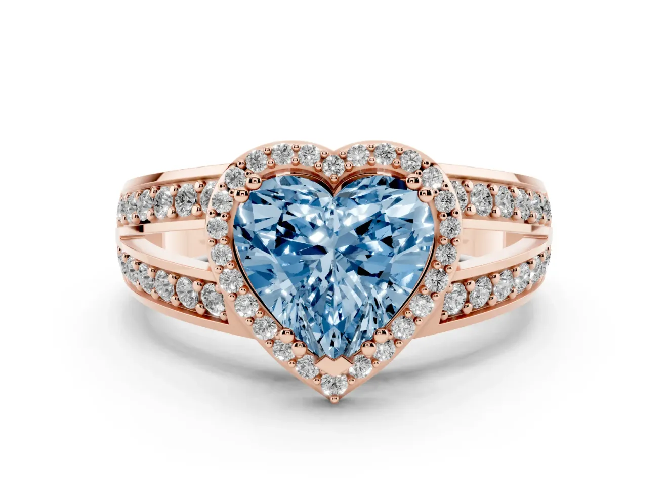 Fancy Blue Heart Cut Diamond Halo Ring Set in Rose gold with Double Pavé Split Shank