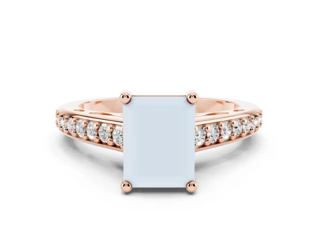 Radiant Cut Graduated Pave Cathedral Solitaire Engagement Ring Setting | Scroll Cut-Outs | Rose Gold