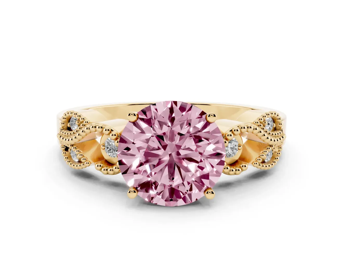Fancy Pink Round Cut Diamond Milgrain Leaf Band Solitaire Ring Set in Yellow gold with Accent Stones and Prong Setting