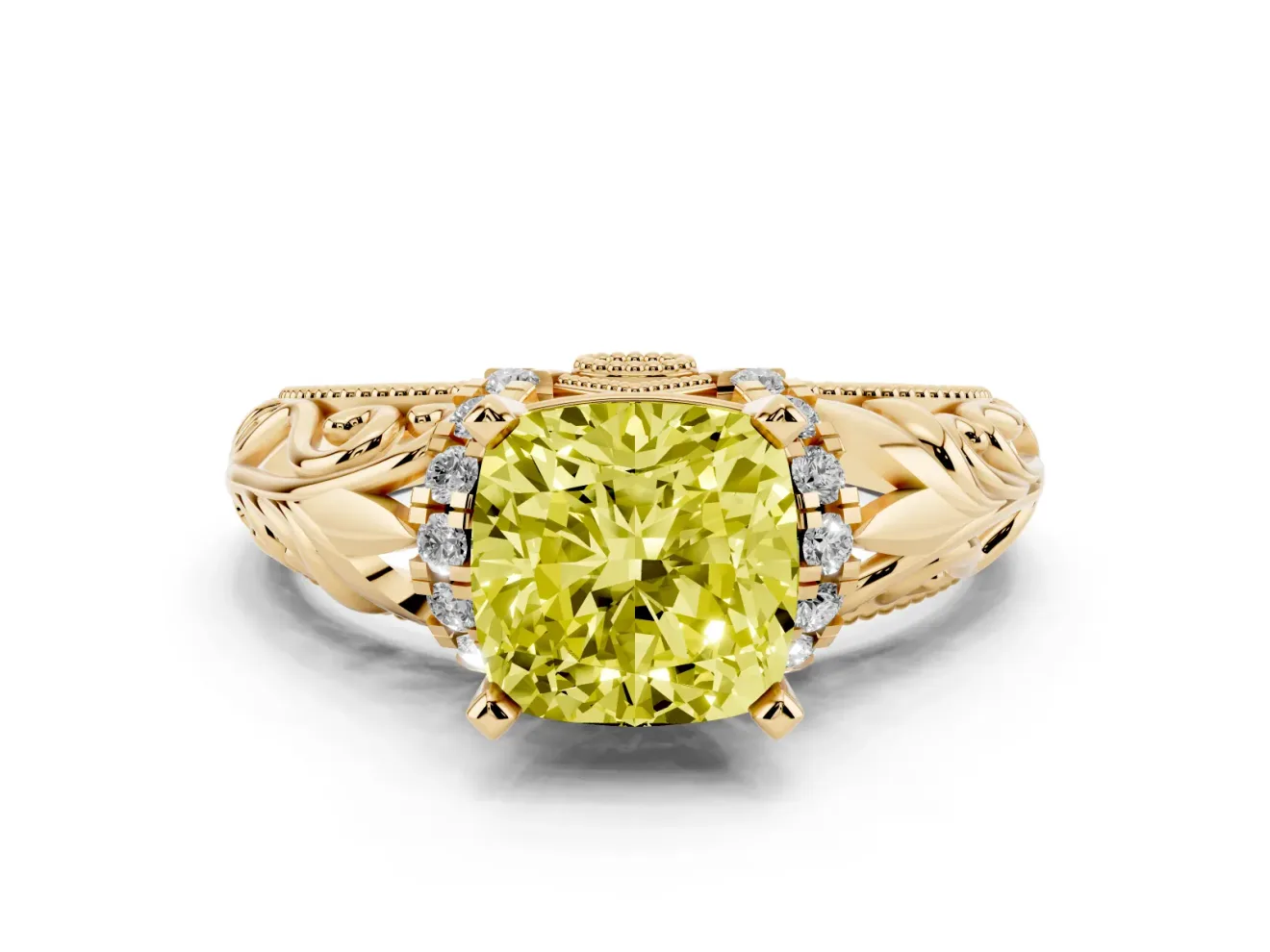 Cushion Cut Filigree Engagement Ring Setting for a Fancy Yellow Lab-Grown Diamond | Yellow Gold