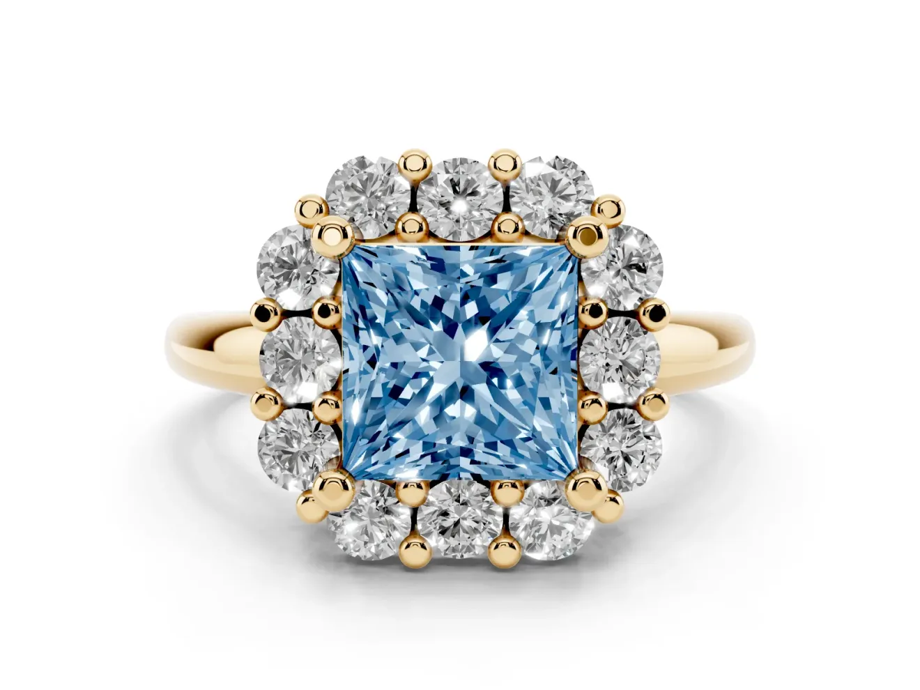 Princess Cut Cluster Halo Engagement Ring Setting for a Fancy Blue Lab-Grown Diamond | Large Round Accents | Yellow Gold