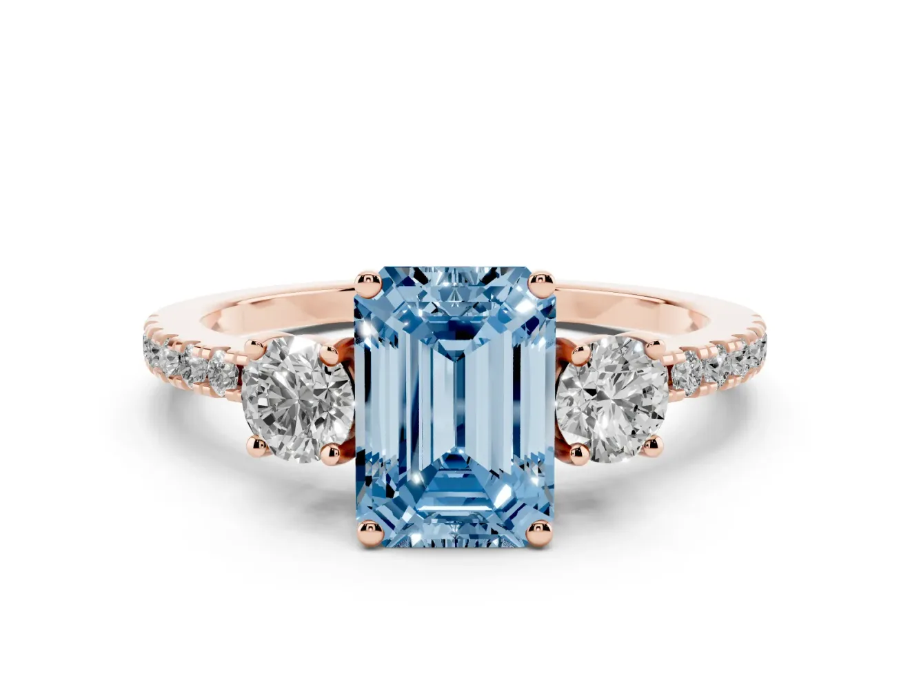 Emerald Cut Three Stone Engagement Ring Setting for a Fancy Blue Lab-Grown Diamond | Pave Shoulders | Rose Gold