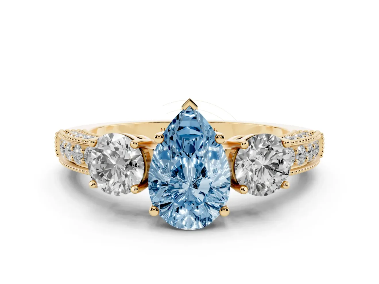 Pear-Shaped Three Stone Engagement Ring Setting for a Fancy Blue Lab-Grown Diamond | Graduated Pave Band | Yellow Gold