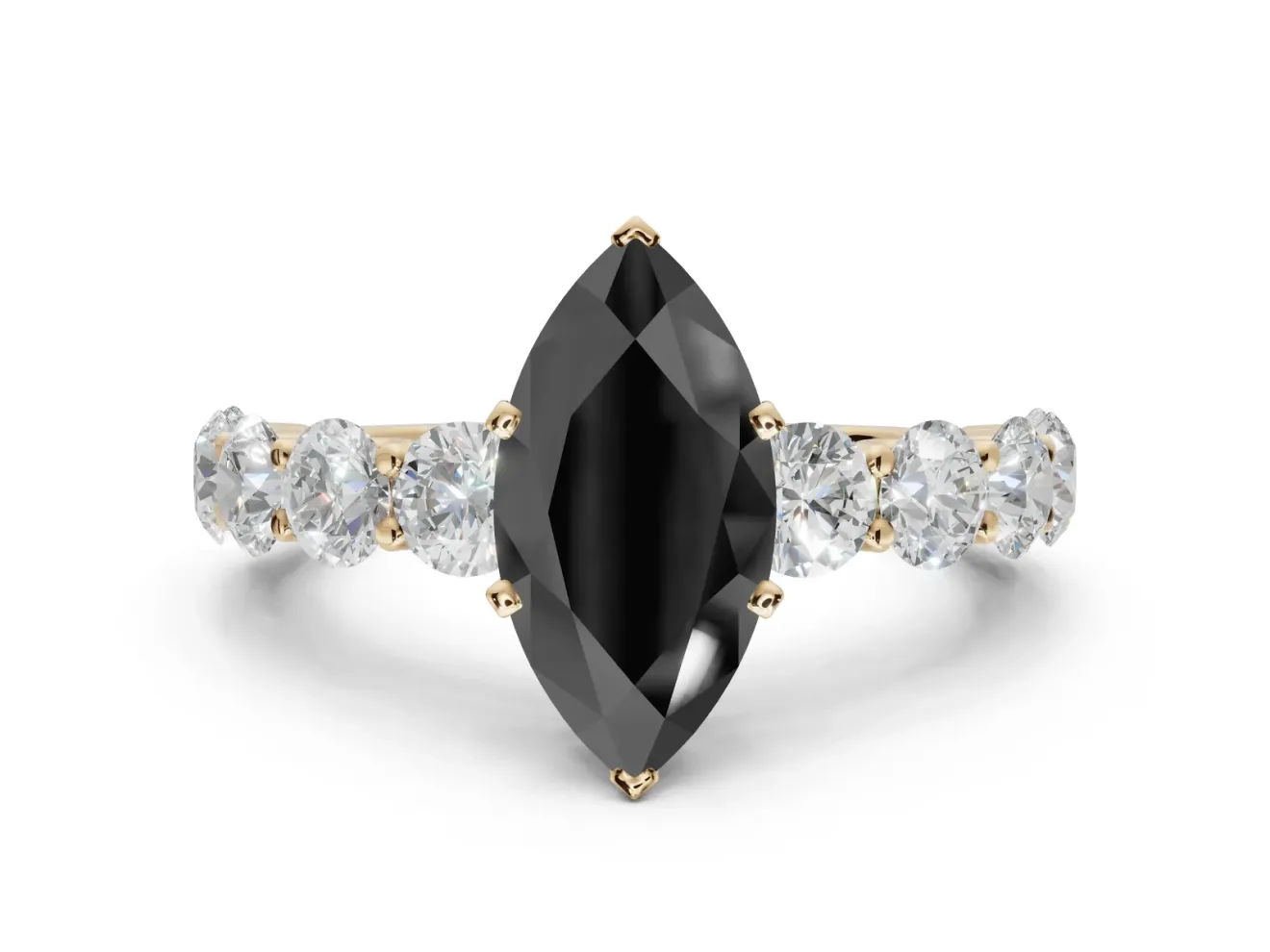 Marquise Side Stone Engagement Ring Setting for a Black Center | Yellow Gold