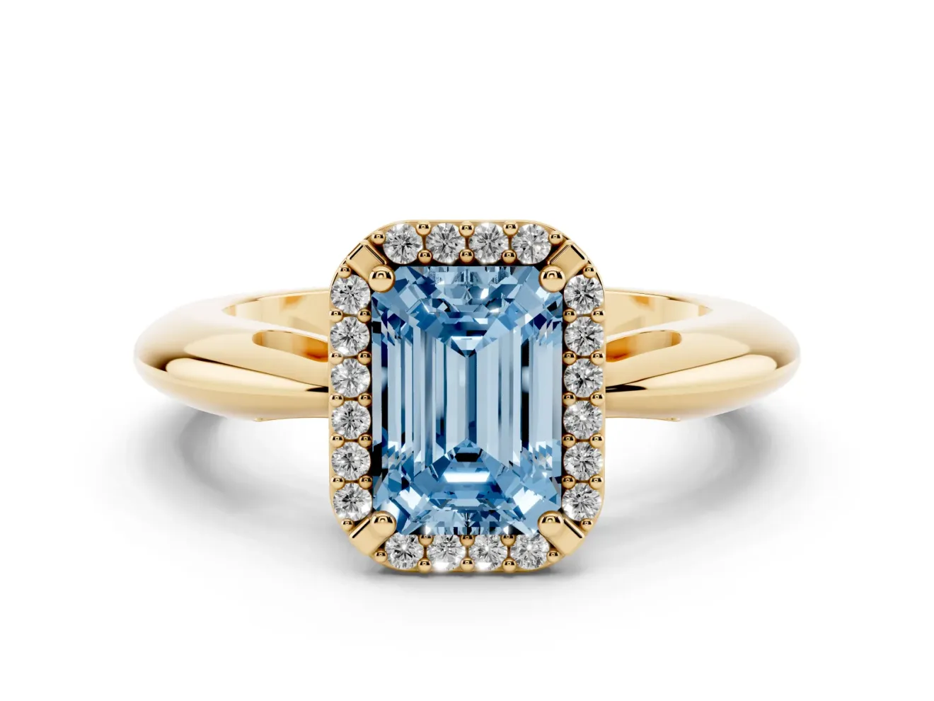 Fancy Blue Emerald Cut Diamond Halo Engagement Ring Set in Yellow gold with Plain Split Shank and Prong Setting