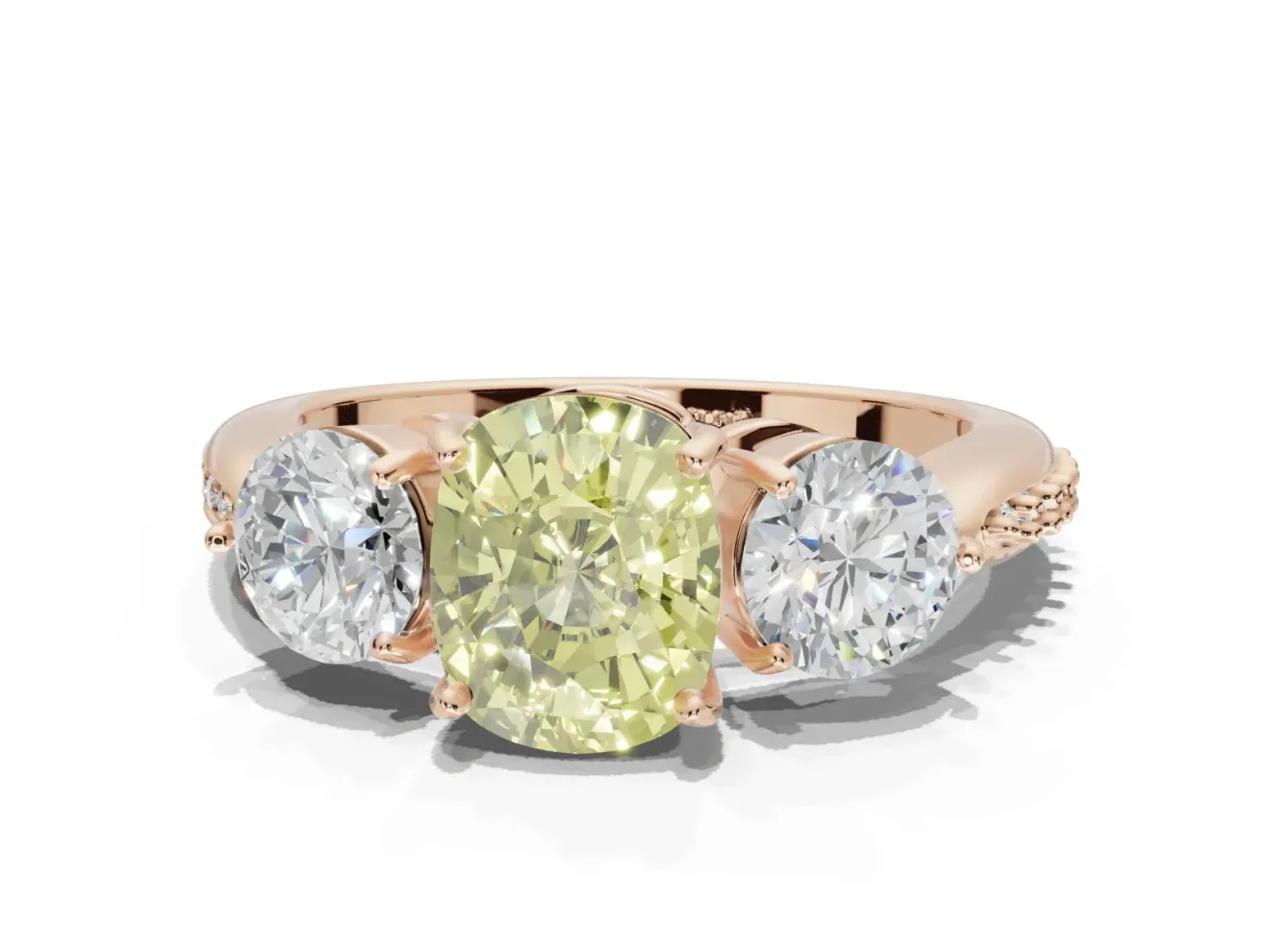 Cushion Cut Three Stone Engagement Ring Setting for a Fancy Yellow Lab-Grown Diamond | Tapered Pave Band | Rose Gold