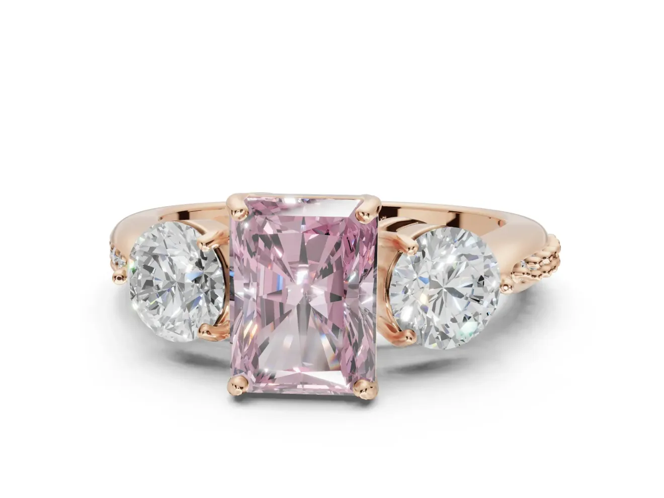 Radiant Cut Three Stone Engagement Ring Setting for a Fancy Pink Lab-Grown Diamond | Tapered Pave Band | Rose Gold