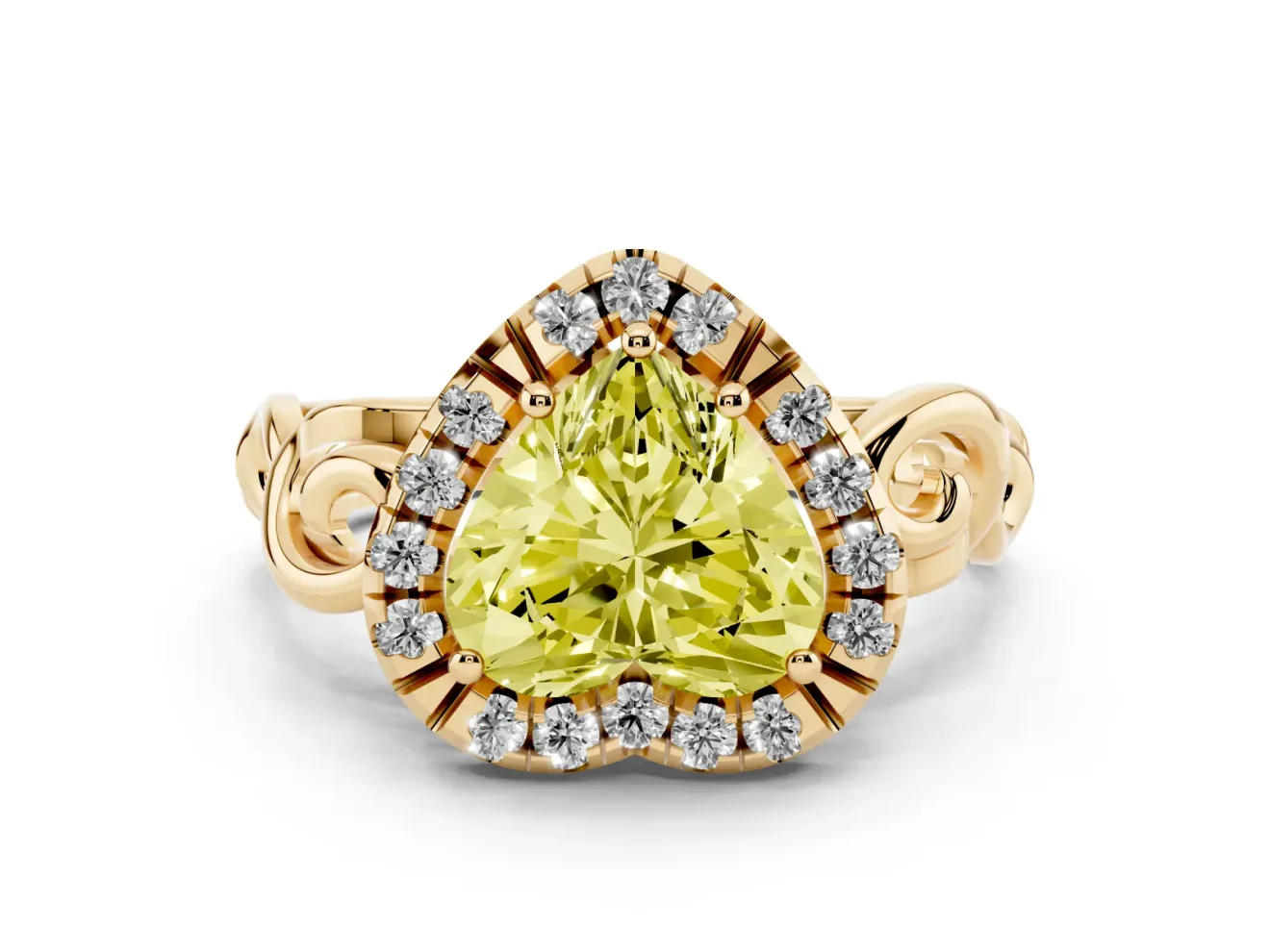 Heart-Shaped Filigree Halo Engagement Ring Setting for a Fancy Yellow Lab-Grown Diamond | Scroll Shoulders | Yellow Gold